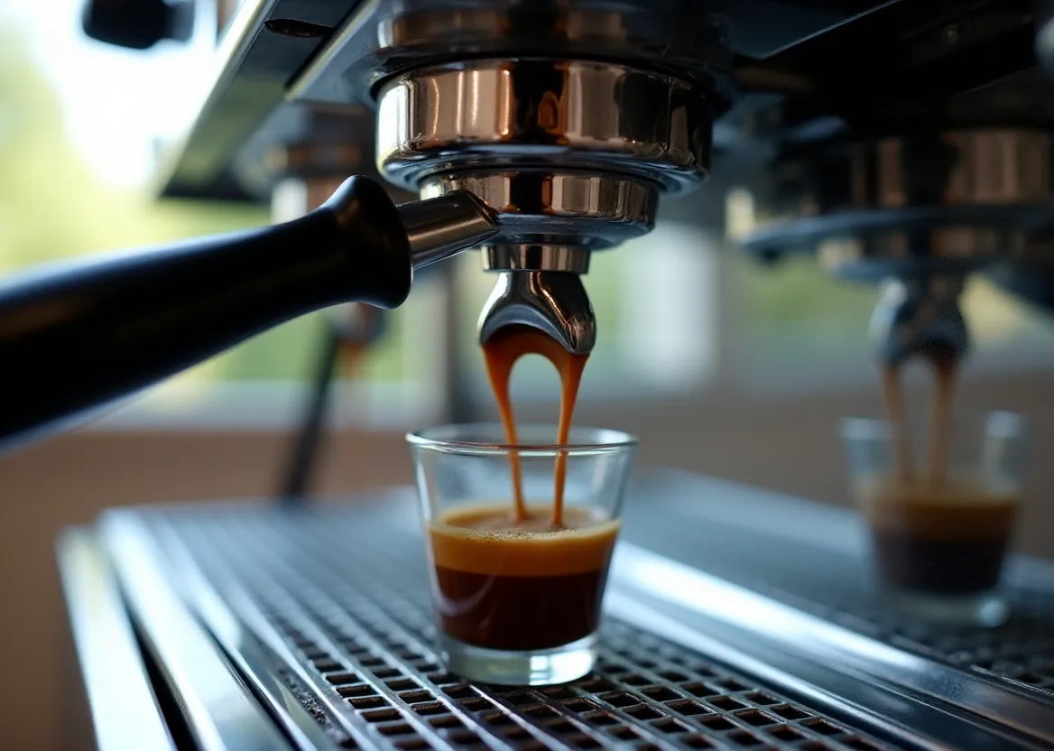 Grupa ekspresu z zapiętą kolbą, strumień espresso spływa do szklanki